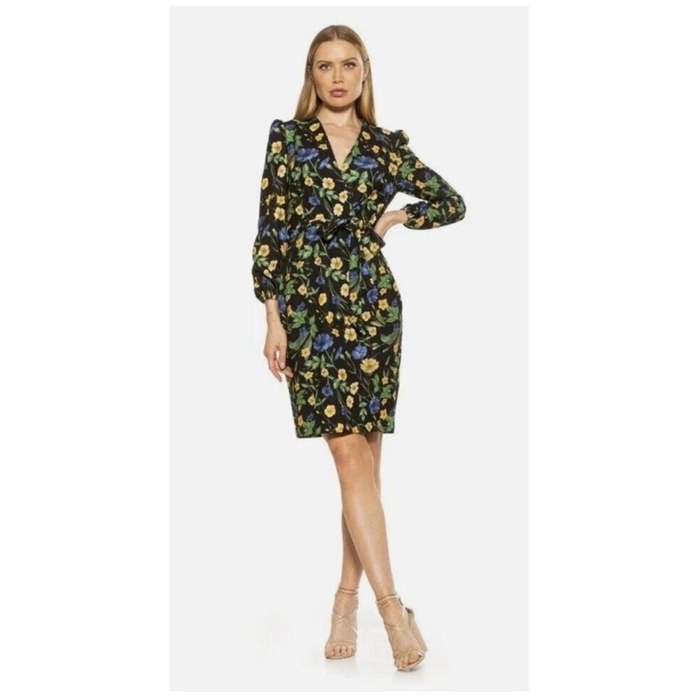 Alexia Admor Aliana Black Floral Tie Waist Faux Wrap Dress Size XS